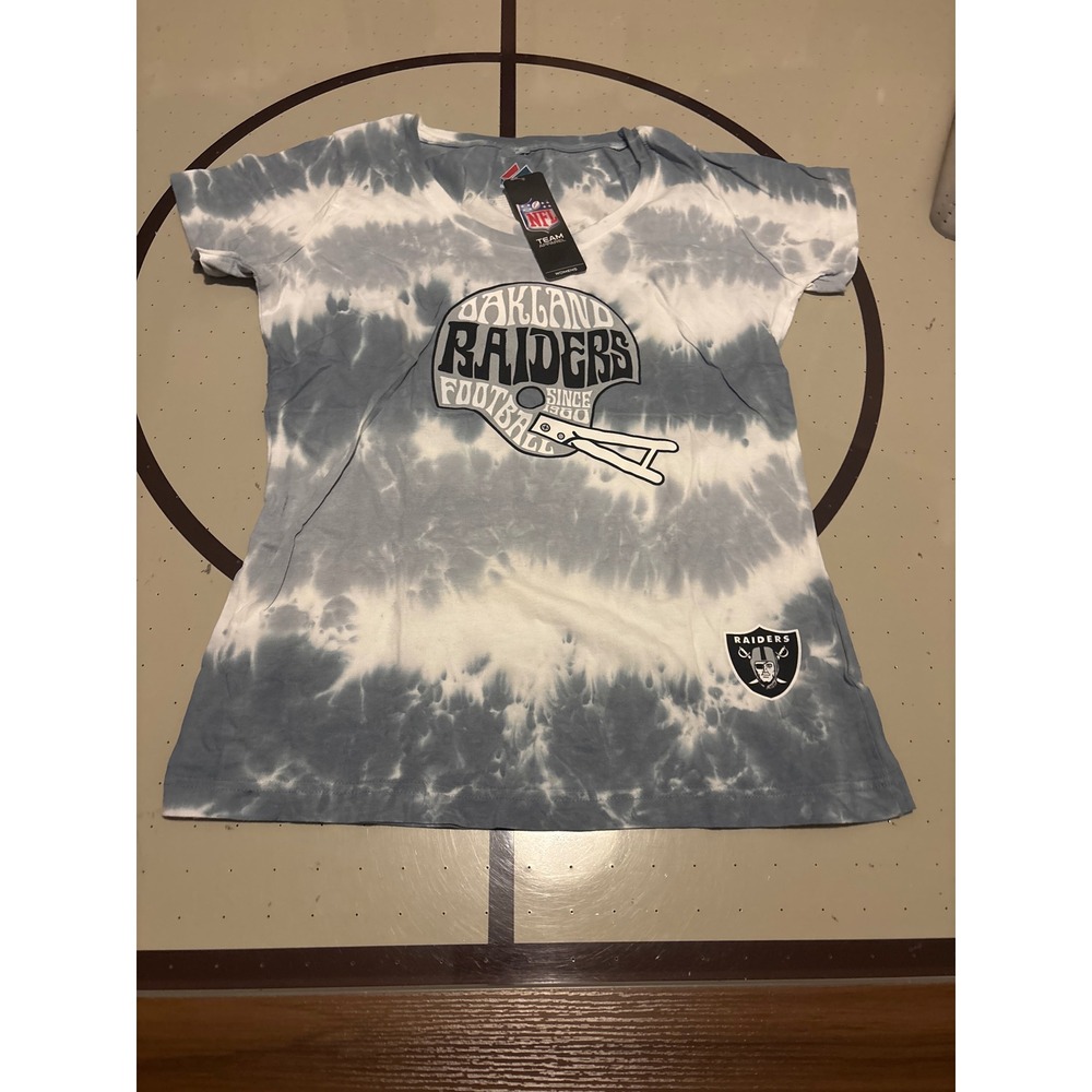 119 Majestic NFL Oakland Raiders Tie Dye Graphic Womens Medium NWT Blue White